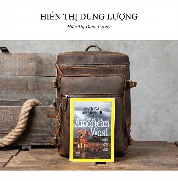 Balo Da Bò Nam Lớn Cổ Điển Phong Cách Du Lịch Da Thật Màu Nâu chi tiết 13