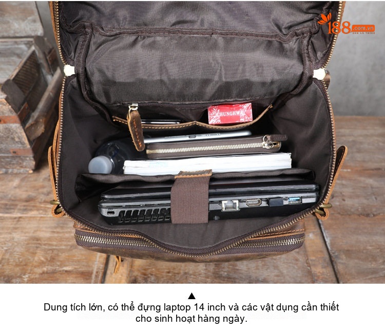 Balo Da Bò Nam Lớn Cổ Điển Phong Cách Du Lịch Da Thật Màu Nâu chi tiết 15