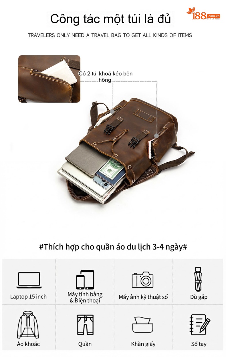 Balo Da Bò Nam Lớn Đựng Laptop Du Lịch Đa Năng Màu Nâu chi tiết 9