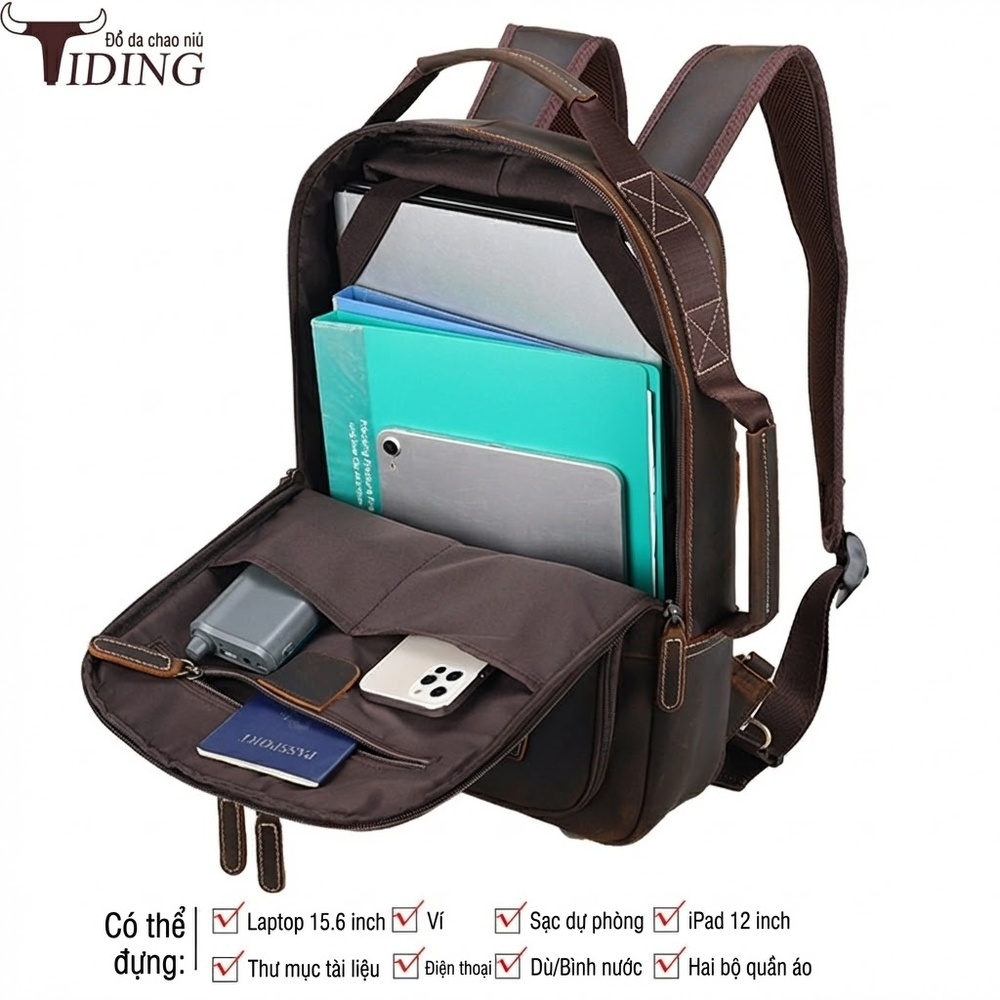 Balo Da Bò Nam Nữ Laptop Cỡ Lớn Vintage Du Lịch Màu Nâu, Đen