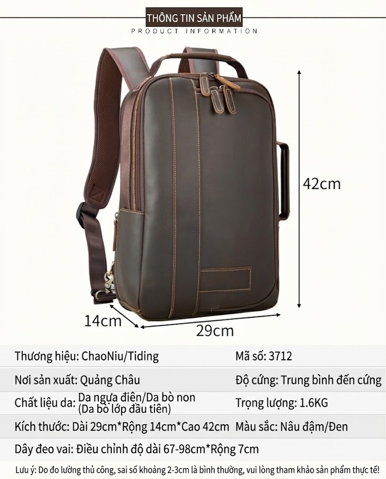 Balo Da Bò Nam Nữ Laptop Cỡ Lớn Vintage Du Lịch Màu Nâu, Đen chi tiết 2