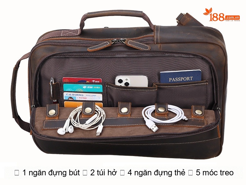 Balo Da Bò Nam Nữ Laptop Cỡ Lớn Vintage Du Lịch Màu Nâu, Đen chi tiết 8