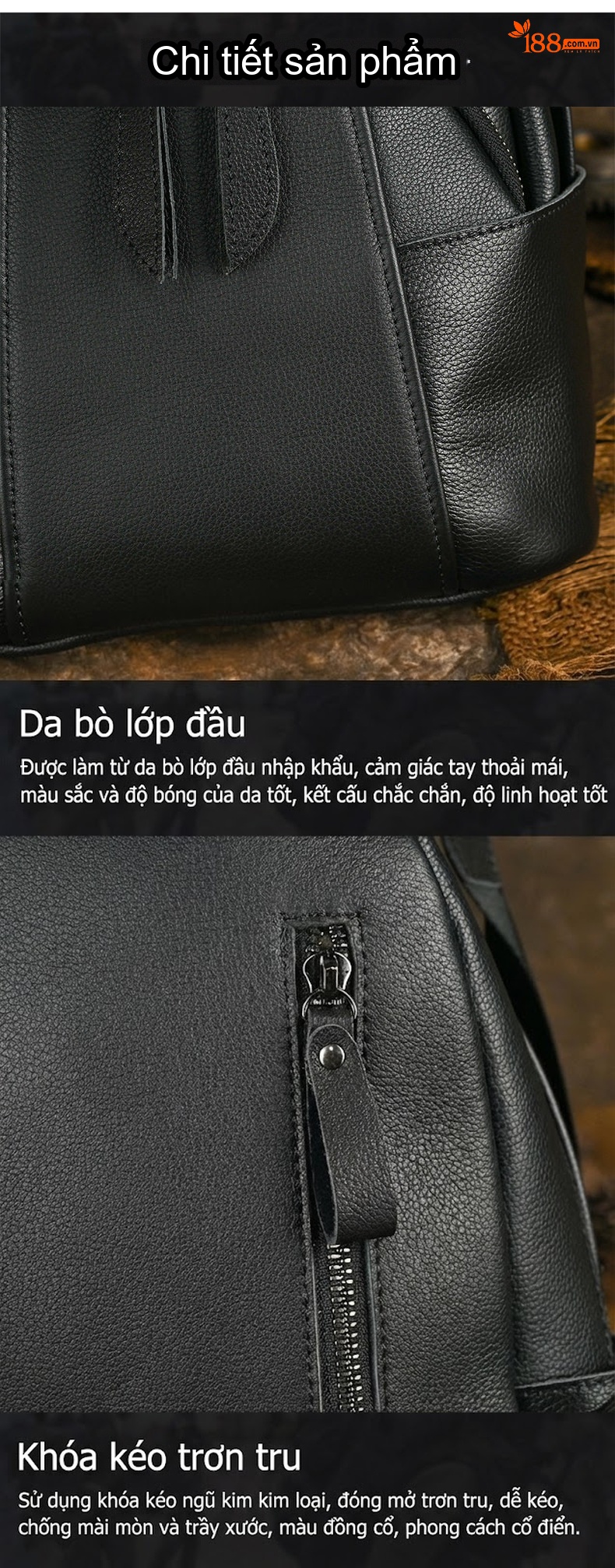 Balo Da Bò Nam Nữ Phong Cách Retro, Đơn Giản, Du Lịch Màu Đen chi tiết 9