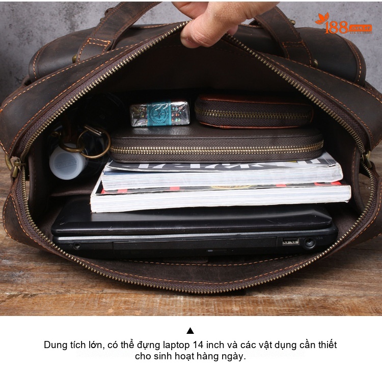 Balo Da Bò Nam Nữ Vintage Đựng Laptop 14 inch Phong Cách Retro Màu Nâu chi tiết 14