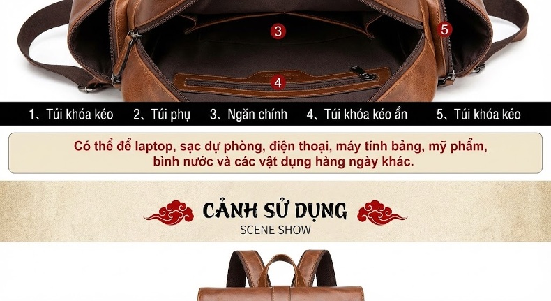 Balo Da Bò Nam Nữ Vintage Thời Trang Du Lịch Hàng Hiệu Màu Nâu chi tiết 7