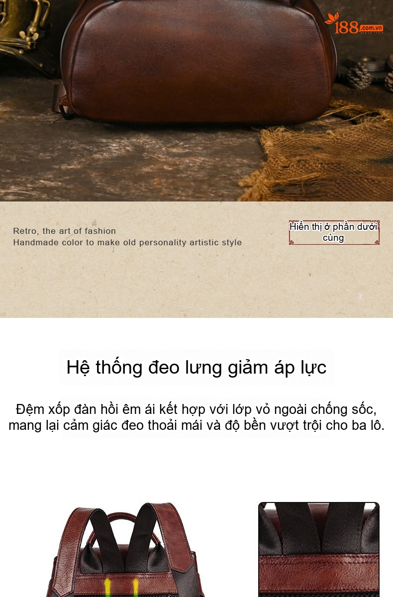 Balo Da Bò Nam Nữ Vintage Thời Trang Du Lịch Hàng Hiệu Màu Nâu chi tiết 11