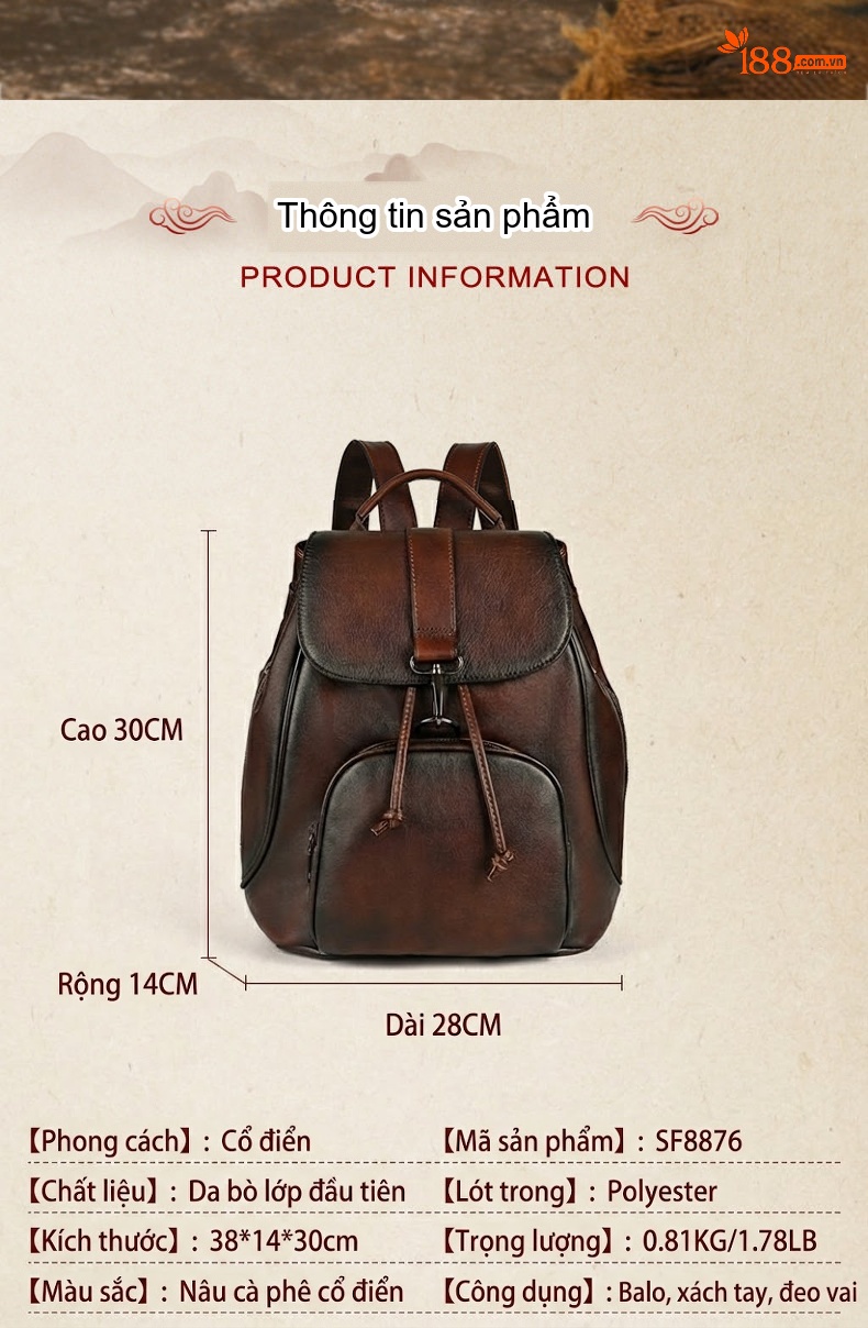 Balo Da Bò Nam Nữ Vintage Thời Trang Du Lịch Hàng Hiệu Màu Nâu chi tiết 2