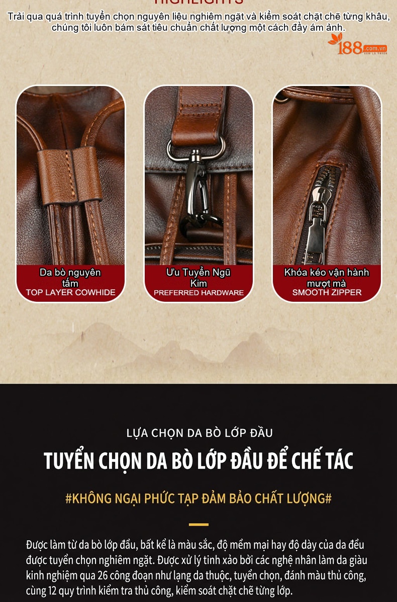 Balo Da Bò Nam Nữ Vintage Thời Trang Du Lịch Hàng Hiệu Màu Nâu chi tiết 4
