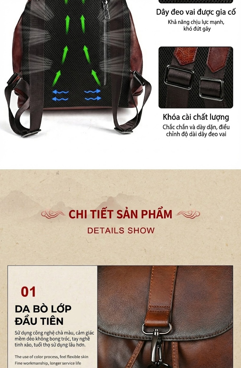 Balo Da Bò Nam Nữ Vintage Thời Trang Du Lịch Hàng Hiệu Màu Nâu chi tiết 12