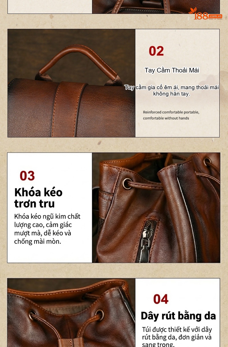 Balo Da Bò Nam Nữ Vintage Thời Trang Du Lịch Hàng Hiệu Màu Nâu chi tiết 13