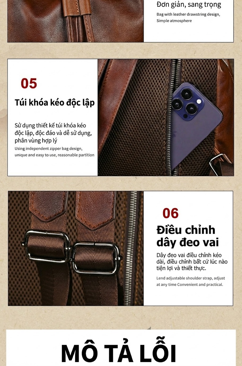 Balo Da Bò Nam Nữ Vintage Thời Trang Du Lịch Hàng Hiệu Màu Nâu chi tiết 14
