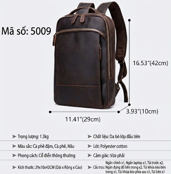 Balo Da Bò Nam Phong Cách Âu Mỹ Cỡ Lớn Đựng Laptop Du Lịch Màu Nâu