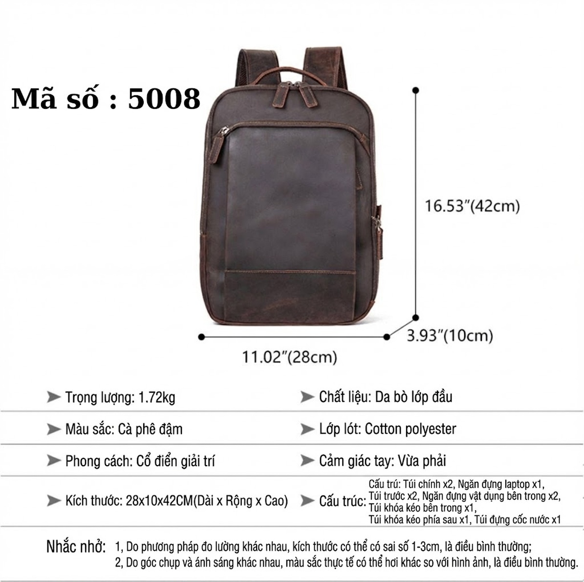 Balo Da Bò Nam Phong Cách Âu Mỹ Cỡ Lớn Đựng Laptop Du Lịch Màu Nâu