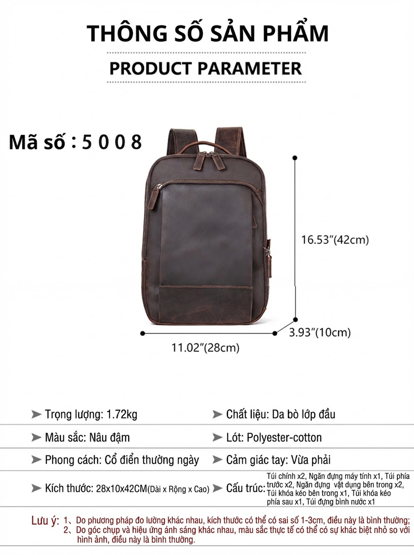 Balo Da Bò Nam Phong Cách Âu Mỹ Cỡ Lớn Đựng Laptop Du Lịch Màu Nâu chi tiết 2