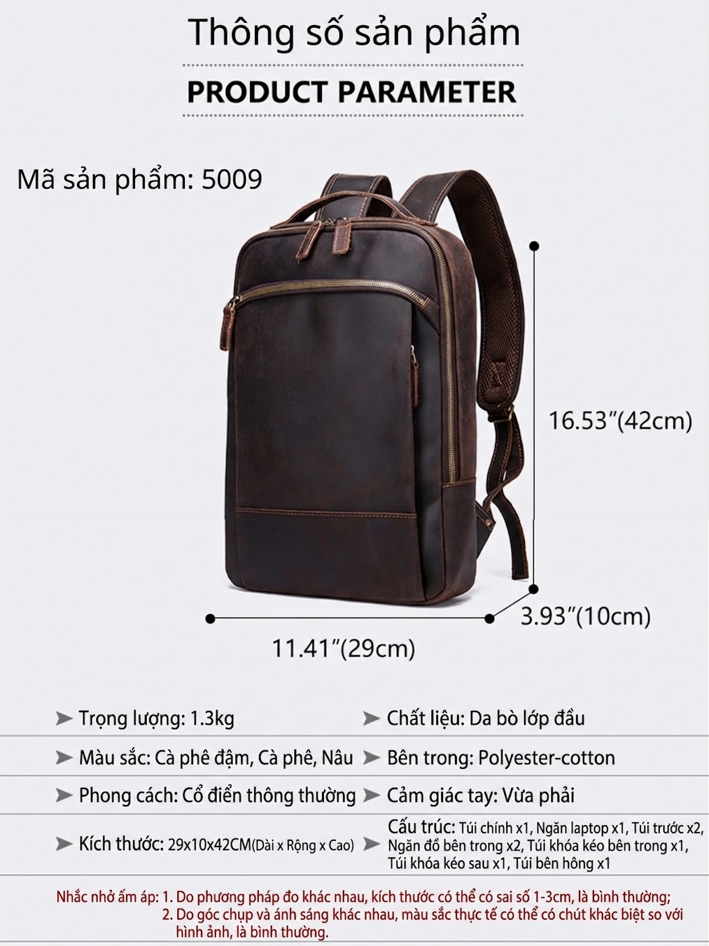 Balo Da Bò Nam Phong Cách Âu Mỹ Cỡ Lớn Đựng Laptop Du Lịch Màu Nâu chi tiết 3