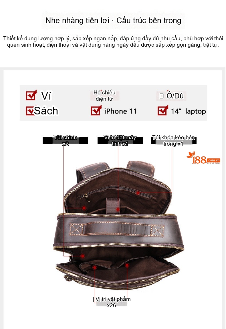 Balo Da Bò Nam Phong Cách Âu Mỹ Cỡ Lớn Đựng Laptop Du Lịch Màu Nâu chi tiết 9
