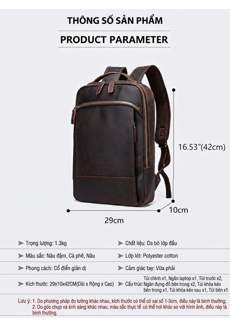 Balo Da Bò Nam Phong Cách Âu Mỹ Cỡ Lớn Đựng Laptop Du Lịch Màu Nâu chi tiết 23