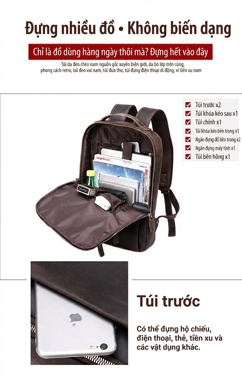 Balo Da Bò Nam Phong Cách Âu Mỹ Cỡ Lớn Đựng Laptop Du Lịch Màu Nâu chi tiết 26