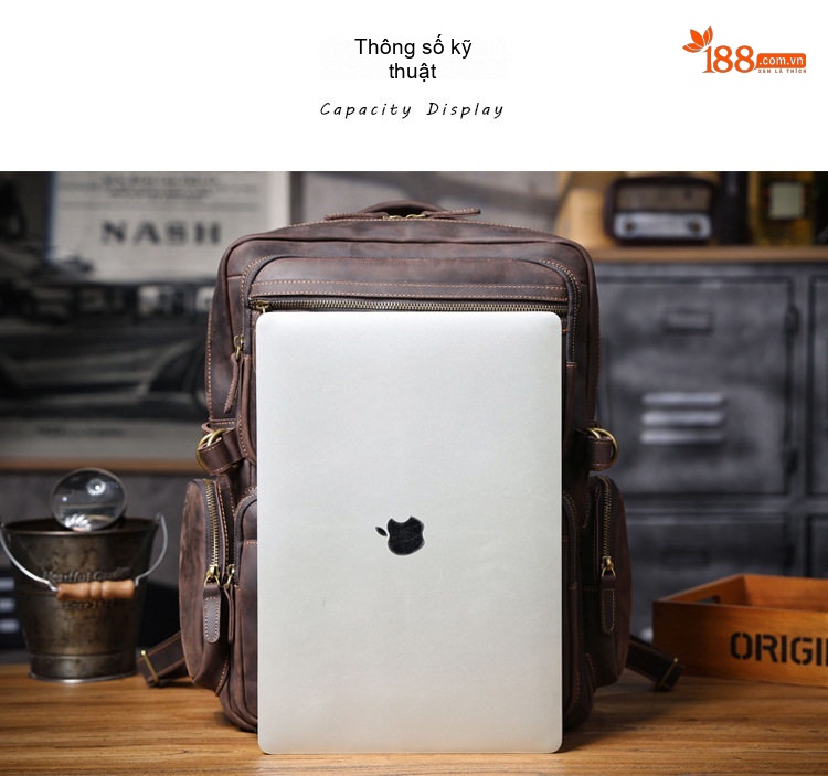 Balo Da Bò Nam Thiết Kế Retro Đựng Laptop Phong Cách Vintage Màu Nâu chi tiết 11