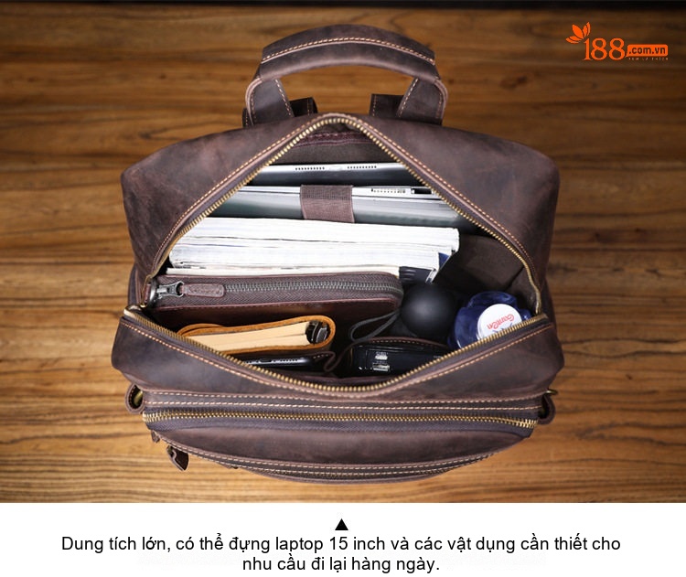 Balo Da Bò Nam Thiết Kế Retro Đựng Laptop Phong Cách Vintage Màu Nâu chi tiết 13