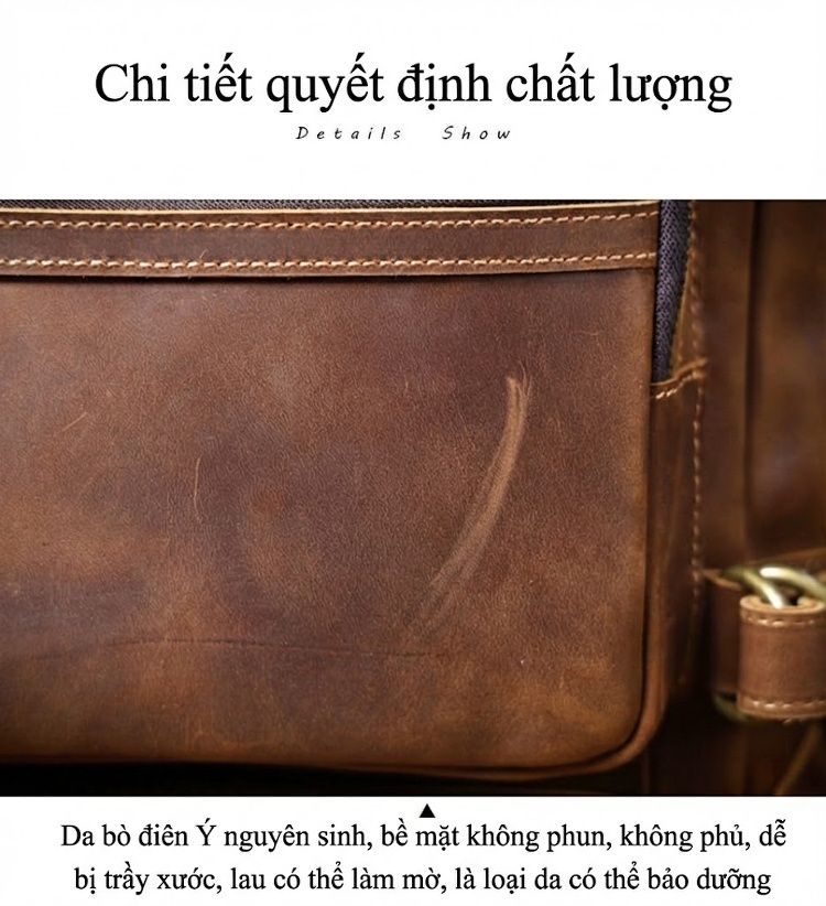 Balo Da Bò Nam Thiết Kế Retro Đựng Laptop Phong Cách Vintage Màu Nâu chi tiết 14