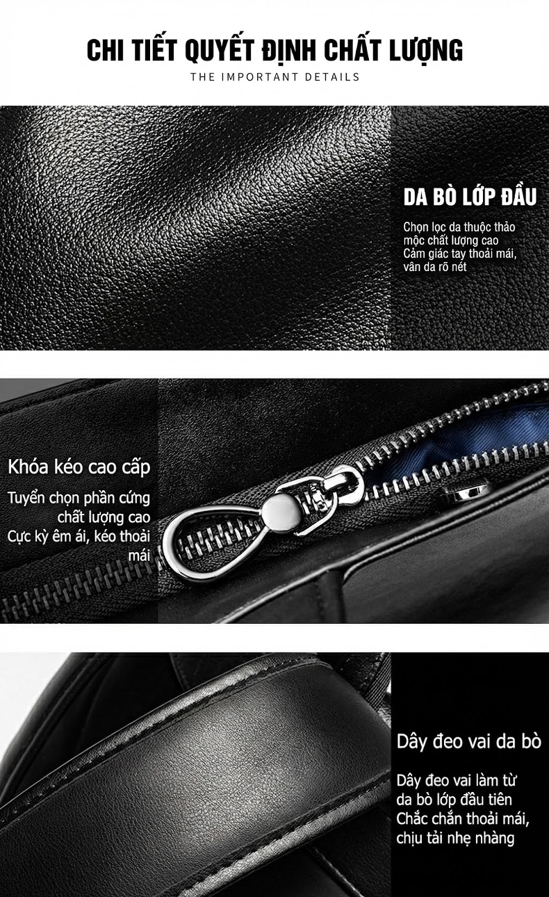 Balo Da Bò Nam Thời Trang Đựng Laptop Màu Đen chi tiết 2