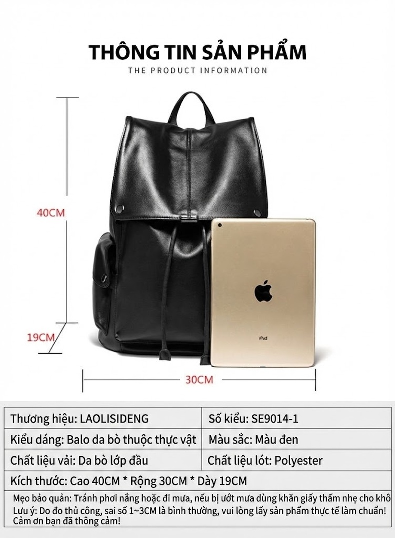 Balo Da Bò Nam Thời Trang Đựng Laptop Màu Đen chi tiết 3