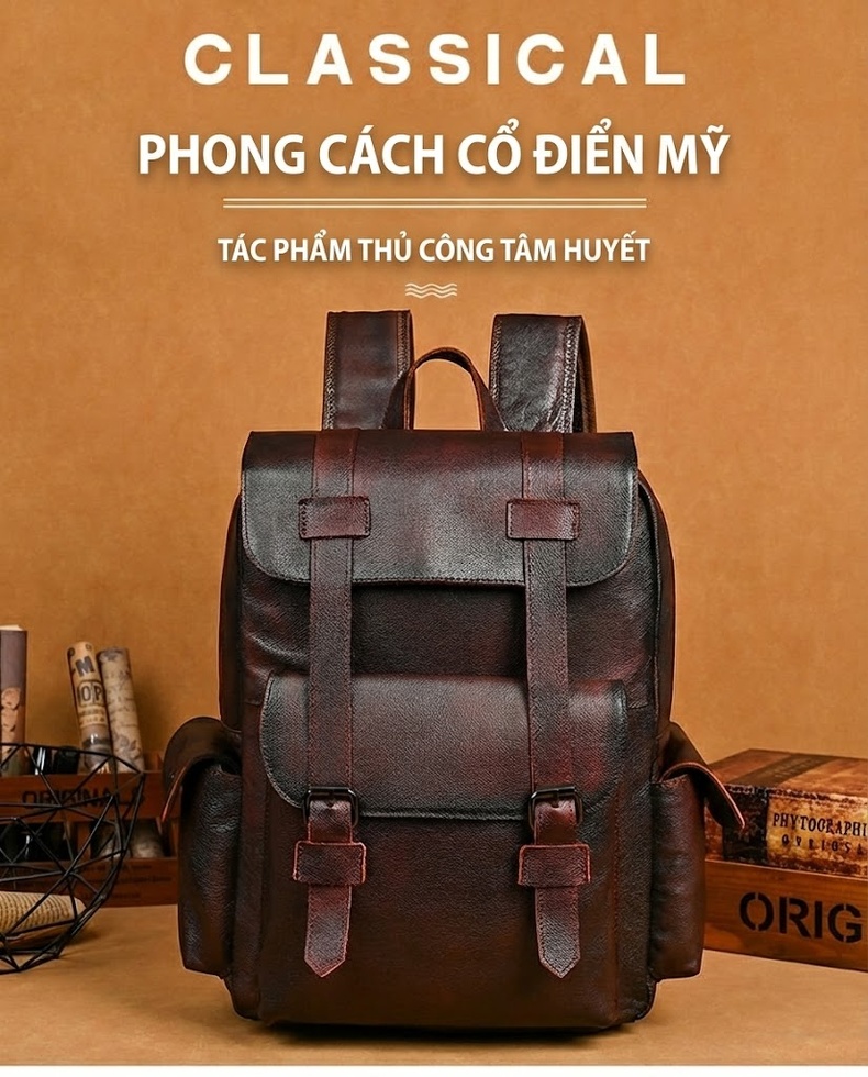Balo Da Bò Nam Thủ Công Cỡ Lớn Đựng Laptop Du Lịch Phong Cách Retro Màu Nâu chi tiết 1
