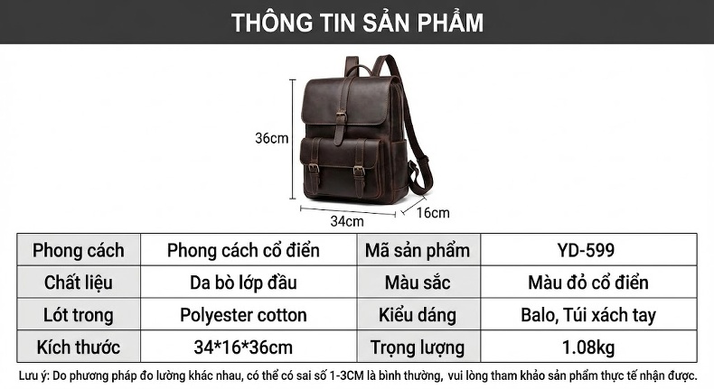 Balo Da Bò Nam Thủ Công Cỡ Lớn Đựng Laptop Du Lịch Phong Cách Retro Màu Nâu chi tiết 3