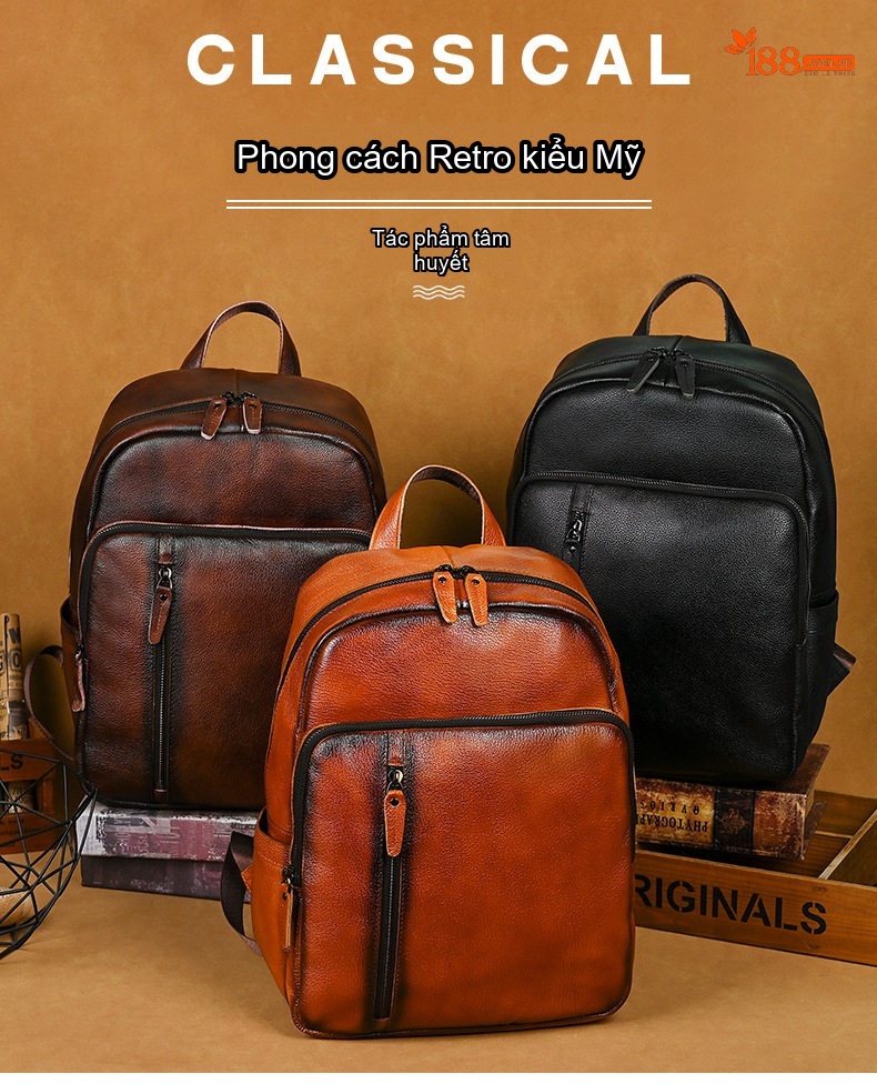 Balo Da Bò Nam Thủ Công Vintage Đeo Vai Đi Làm Đi Chơi Màu Nâu, Đen chi tiết 1