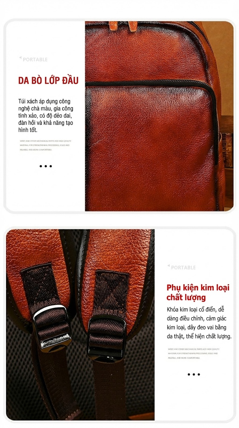 Balo Da Bò Nam Thủ Công Vintage Đeo Vai Đi Làm Đi Chơi Màu Nâu, Đen chi tiết 15