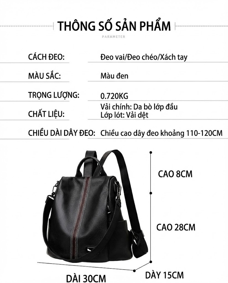 Balo Da Bò Nữ Chống Trộm Phong Cách Hàn Quốc Sức Chứa Lớn Màu Đen chi tiết 19