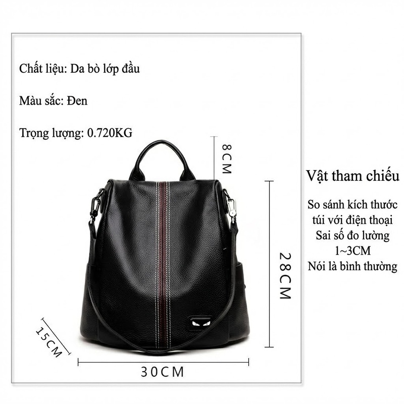 Balo Da Bò Nữ Chống Trộm Phong Cách Hàn Quốc Sức Chứa Lớn Màu Đen