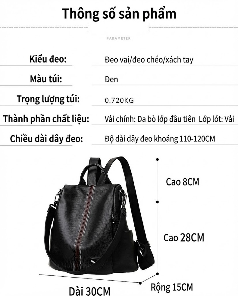 Balo Da Bò Nữ Chống Trộm Phong Cách Hàn Quốc Sức Chứa Lớn Màu Đen chi tiết 5