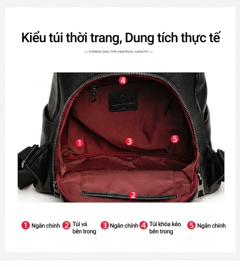 Balo Da Bò Nữ Chống Trộm Phong Cách Hàn Quốc Sức Chứa Lớn Màu Đen chi tiết 7