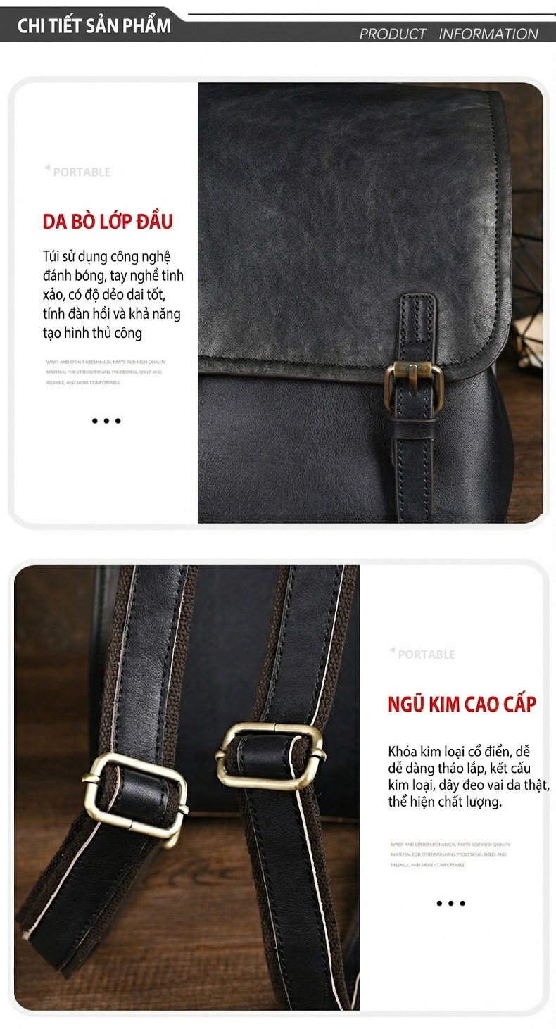 Balo Da Bò Nữ Đeo Vai Kiểu Dáng Đơn Giản Màu Đen chi tiết 9