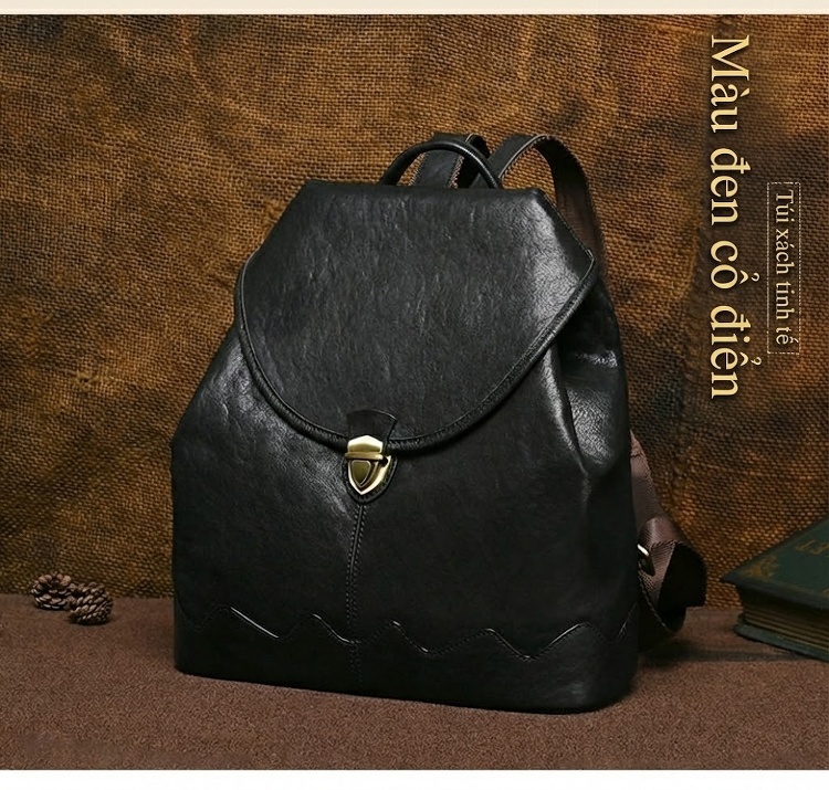 Balo Da Bò Nữ Đeo Vai Vintage Dung Tích Lớn Màu Đen, Nâu chi tiết 6