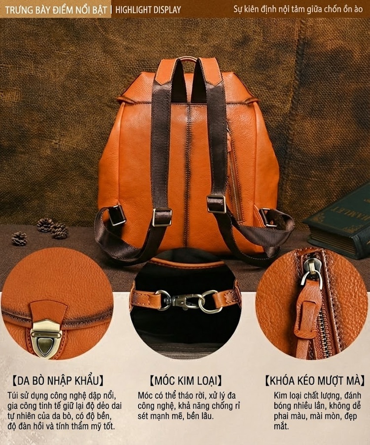 Balo Da Bò Nữ Đeo Vai Vintage Dung Tích Lớn Màu Đen, Nâu chi tiết 3