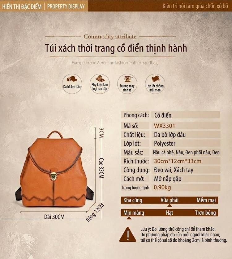 Balo Da Bò Nữ Đeo Vai Vintage Dung Tích Lớn Màu Đen, Nâu chi tiết 2