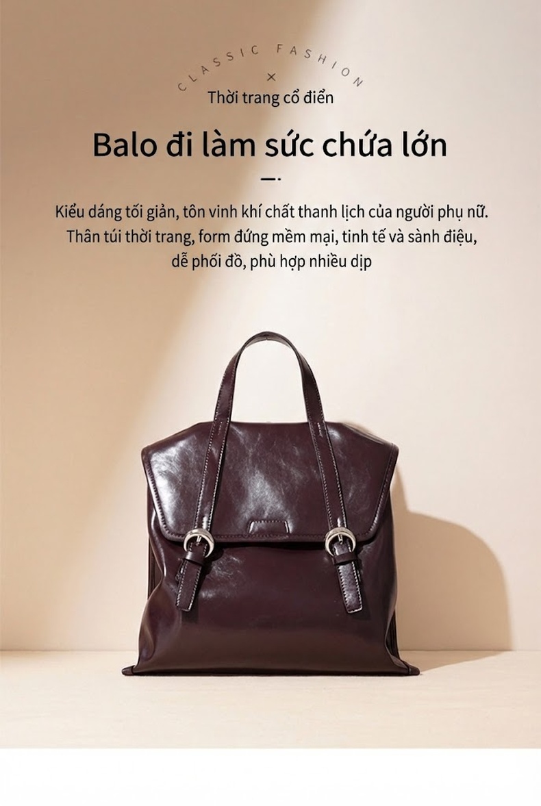Balo Da Bò Nữ Thiết Kế Nhỏ Gọn Thời Trang Đa Năng Màu Đen, Nâu Đỏ, Nâu chi tiết 2