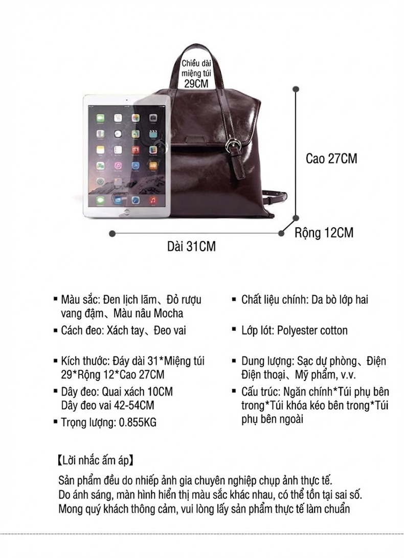 Balo Da Bò Nữ Thiết Kế Nhỏ Gọn Thời Trang Đa Năng Màu Đen, Nâu Đỏ, Nâu chi tiết 9