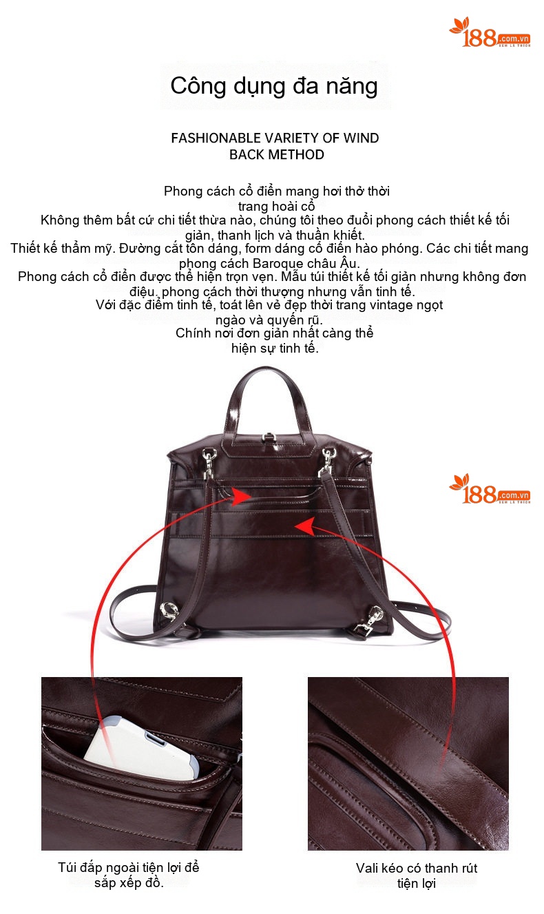 Balo Da Bò Nữ Thiết Kế Nhỏ Gọn Thời Trang Đa Năng Màu Đen, Nâu Đỏ, Nâu chi tiết 7