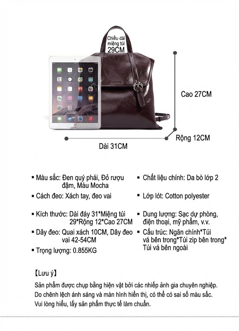 Balo Da Bò Nữ Thiết Kế Tối Giản Cao Cấp Đeo Vai, Xách Tay Màu Đen, Đỏ Rượu, Nâu chi tiết 8