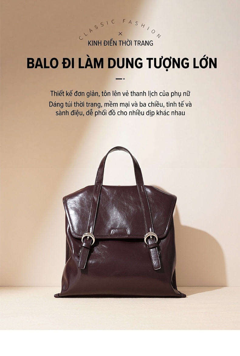 Balo Da Bò Nữ Thiết Kế Tối Giản Cao Cấp Đeo Vai, Xách Tay Màu Đen, Đỏ Rượu, Nâu chi tiết 1