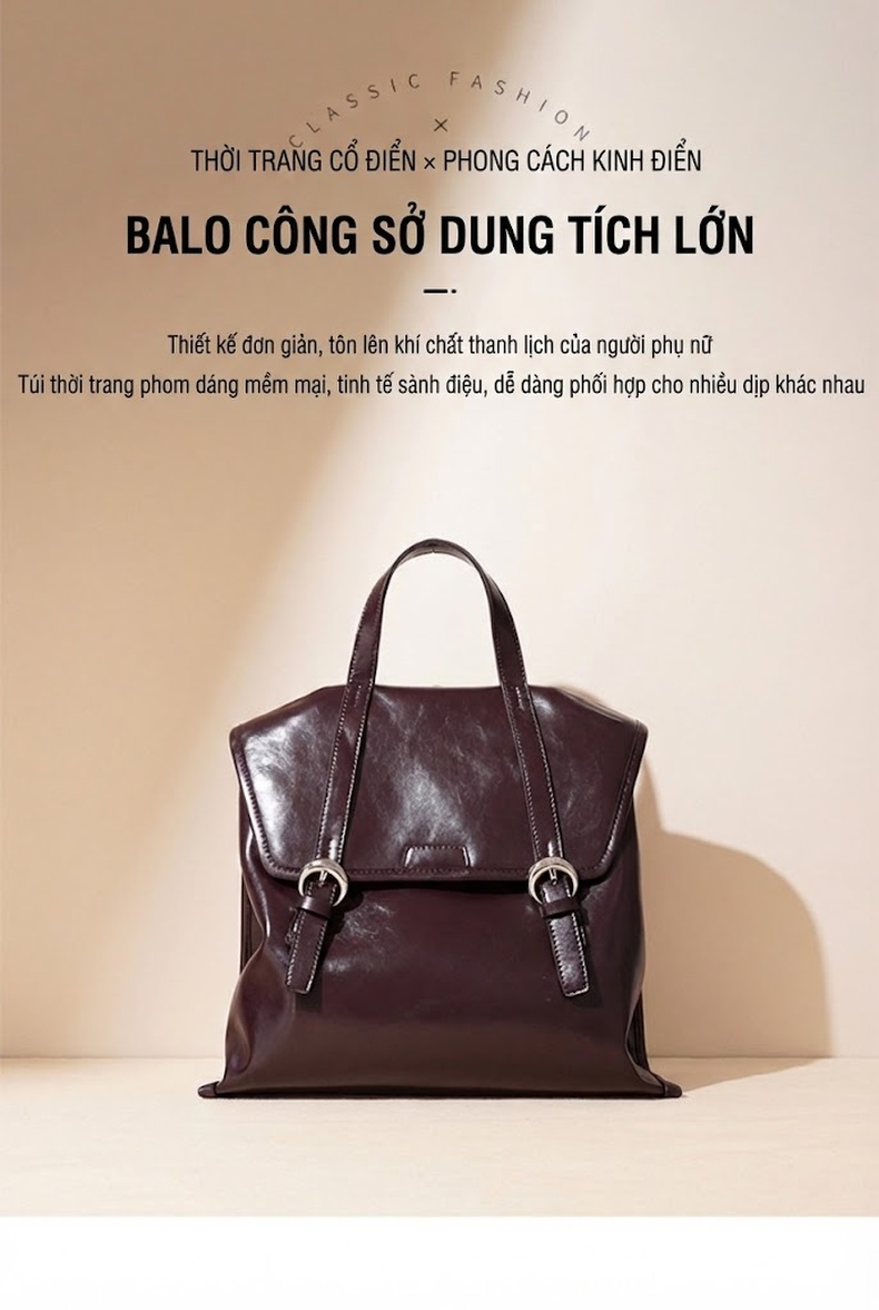 Balo Da Bò Nữ Thiết Kế Tối Giản Phong Cách Hàn Quốc Màu Đen, Nâu Đỏ, Nâu chi tiết 2