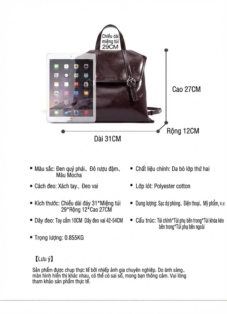 Balo Da Bò Nữ Thiết Kế Tối Giản Phong Cách Hàn Quốc Màu Đen, Nâu Đỏ, Nâu chi tiết 9