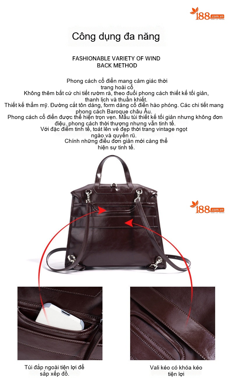 Balo Da Bò Nữ Thiết Kế Tối Giản Phong Cách Hàn Quốc Màu Đen, Nâu Đỏ, Nâu chi tiết 7