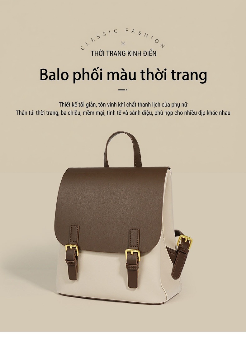 Balo Da Bò Nữ Thời Trang Cao Cấp, Đa Năng, Sức Chứa Lớn Màu Nâu, Trắng chi tiết 1