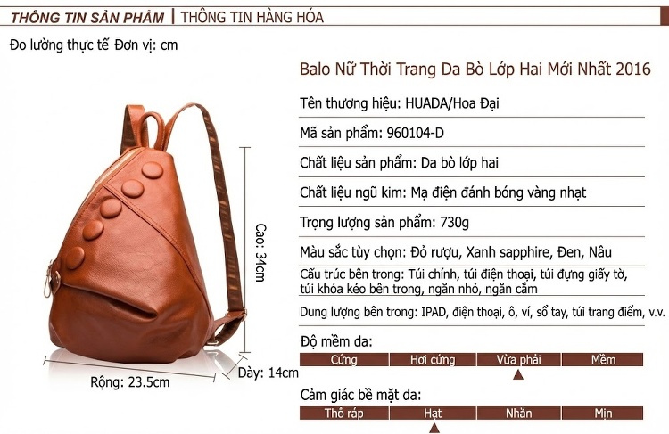 Balo Da Bò Nữ Thời Trang Du Lịch Phong Cách Hàn Quốc Màu Nâu, Đen chi tiết 4