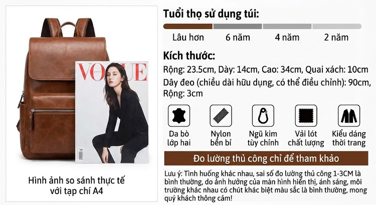 Balo Da Bò Nữ Thời Trang Du Lịch Phong Cách Hàn Quốc Màu Nâu, Đen chi tiết 5